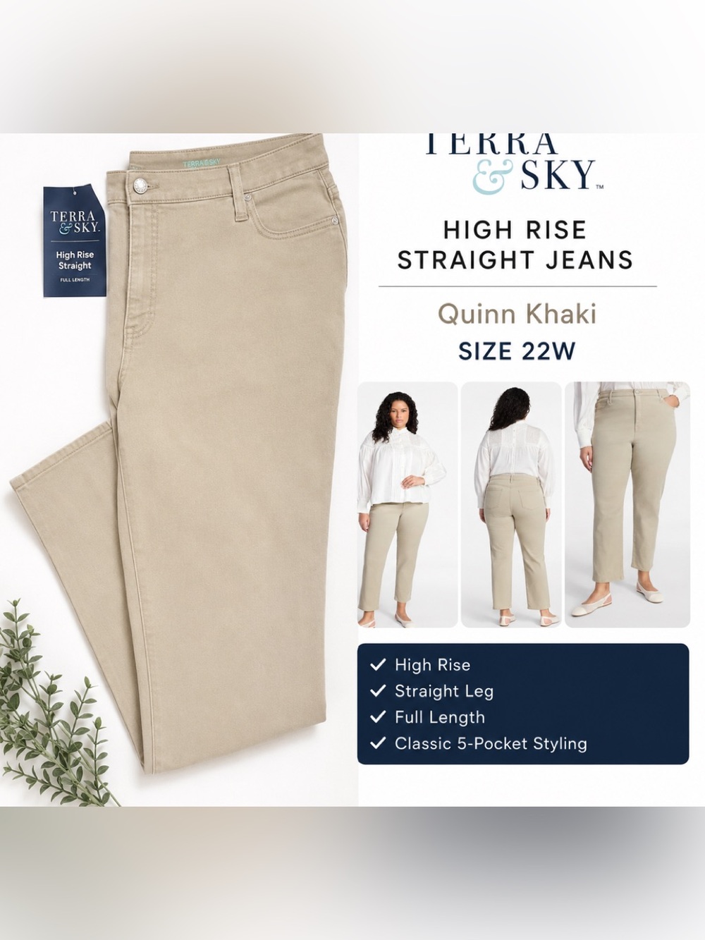NWT Size 22W Plus Terra & Sky Quinn High-Rise Straight Jeans - Khaki